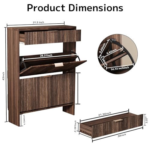 Image of Fluted Shoe Cabinet Storage with 2 Flip Drawers & 1 Drawers, Wood Narrow Hidden Shoe Cabinet for Entryway, Freestanding Slim Shoe Rack Organizer for Foyer Hallway Living Room(Walnut)