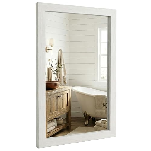 Farmhouse Wall Mirror 24x36 Distressed White Wood Trim