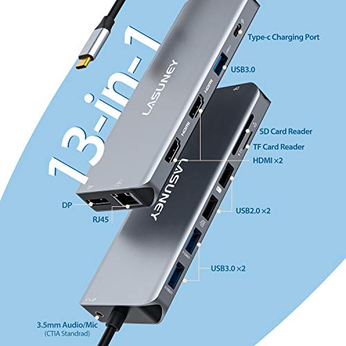 LASUNEY USB C Laptop Docking Station Dual Monitor, 14 in 1 USB C Hub Multiport Adapter Dongle with 2 HDMI, DisplayPort, RJ45, SD/TF, USB C/A Ports, PD, Mic/Audio, Compatible for MacBook Dell HP Lenovo - Thumbnail 2