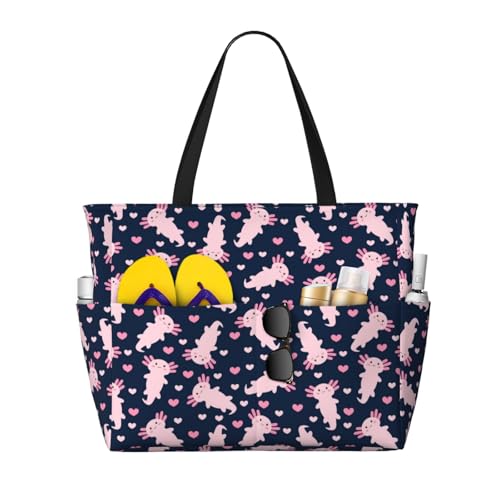 Cute Cartoon Pink Axolotl Heart Large Beach Bag Waterproof Sandproof Swim Tote Pool Bag For Women With Zipper