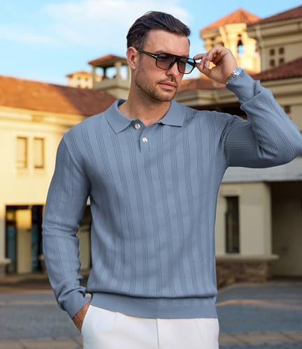 Mens Knit Polo Shirt Regualr Fit Lightweight Soft Casual Long Sleeve Striped Golf Polo Shirts3