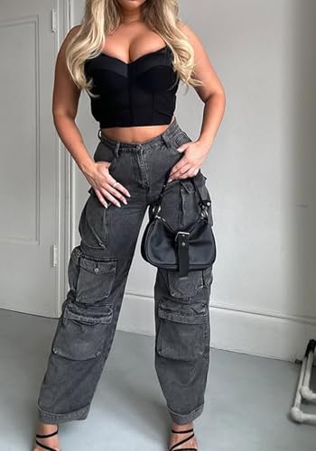 Tbahhir Distressed Ripped Cargo Jeans for Women High Waisted Baggy Wide Leg Boyfriend Y2K Streetwear Denim Pants Trendy2