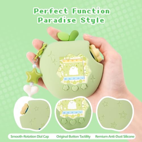 BUBBLELOGUS Apple Case for Tamagotchi Paradise, 4-iaradisen-1 Shockproof Silicone Protective Cover Kit with Faceplate, Flower Dial Cap & Charm, Kawaii Accessories for Girls & Adults (Green)