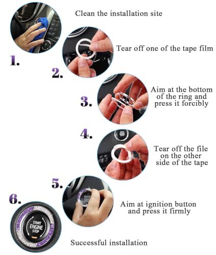 Image of ToBeQueen White Purple Bling Start Button Cover Emblem Sticker, Crystal Diamond Rhinestone Push Start Ring Car Decor, White and Purple Car Accessories