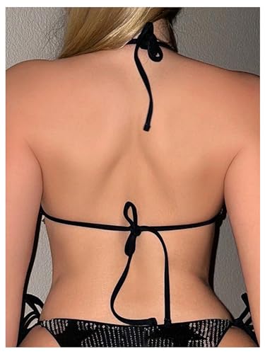 SOLY HUX Women's Sequin Bikini Tops Triangle Halter Tie Back Sparkly Star Swimsuit Tops Bathing Suit2