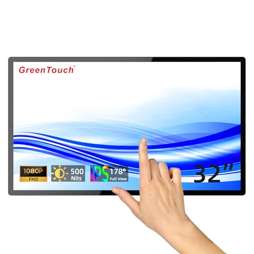 Image of GreenTouch 32 Inch Industrial Digital Signage Touchscreen Monitor, 500 Nits Display 1920 x 1080P, Built-in Speaker, with HDMI + VGA + DVI Ports for Advertising
