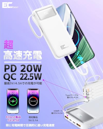 ECbestモバイルバッテリー 大容量 PD20W 急速充電 真10,000mAh 4本ケーブル内蔵 6台同時充電 技術適合品 LCD電量残量表示 iPad/iPhone/Android全種機器対応 パススルー可 コンパクト＆軽量 機内持ち込み可能 安全設計＆回路保護