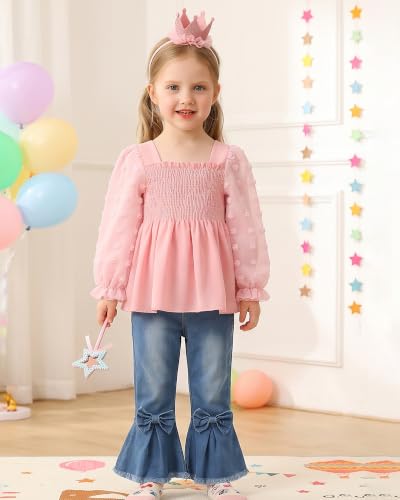 Image of Kucnuzki Toddler Kids Girl Clothes Long Sleeve Shirt Tops Baggy Jeans Cute Pants Set Baby Girl Outfit 2 Piece Clothing