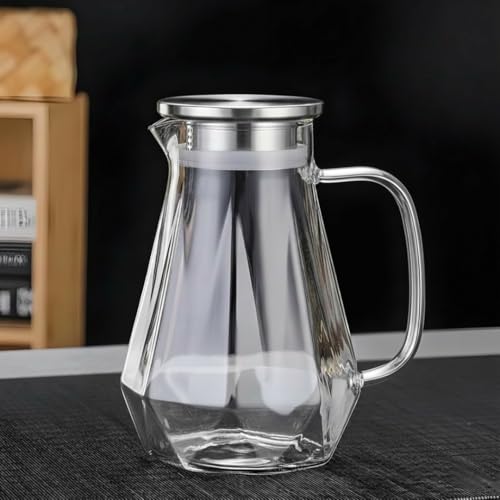 Image of Borosilicate Water Jug with Lid, Stainless Steel Air Tight Lid, Iced Tea Pitcher, Water Jug, Hot Cold Water, Milk and Juice Beverage Carafes - 1450ml Water Glass Jug (Diamond)