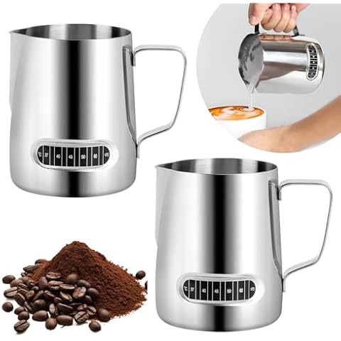 2pcs Milk Frothing Pitcher 20 oz, Stainless Steel Latte Art Pitcher Temp Control Milk Jug Barista Tools Coffee Milk Frother with Temperature Control for Perfect Froth, Coffee Shop Accessories (Silver) Cover