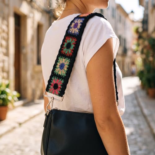 Image of Wide Purse straps Crochet Flower replacement crossbody for Handbag Adjustable Embroidery Knit Guitar Shoulder strap