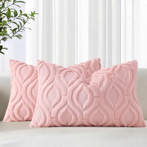 Image of decorUhome Fall Throw Pillow Covers 12x20 Inch Set of 2, Soft Plush Faux Wool Pink Solid Couch Pillow Covers, Accent Farmhouse Neutral Rectangle Pillow Cases for Sofa Bed Living Room