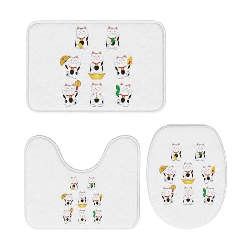 トイレマット 招き猫 猫 和風 和柄 3点セット 足元マット 便座カバー マットフタカバー U型 O型 トイレ兼用 滑り止め おしゃれ バスマット 洗える 浴室 玄関 家庭用 ホテル用