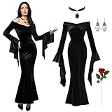 Halloween Costumes Morticia Addams Vintage Gothic Black Long Dress Outfit Women Red Roses Flowers Necklace Earrings