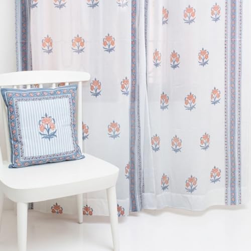 Image of Peepul Tree Pure Cotton Handprinted Blue and Peach Floral Sheer Curtain | Set of 2 | 8 ft | Inspired by Rajasthan Palaces | Royal Courtyards Collection