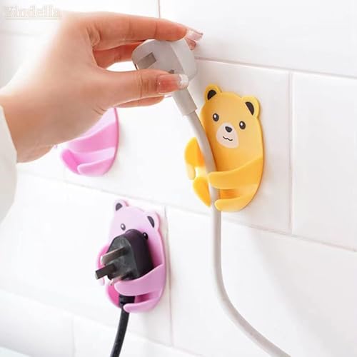 Image of Cute Bear Wall Mount Plug Holder - Cable Organizer & Cord Storage, Self-Adhesive, Multi-Functional, Space-Saving, Wall Hook for USB, Charger, Earphone, Kitchen & Office - Pack of 4