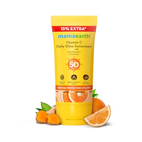 Image of Mamaearth Vitamin C Daily Glow Sunscreen with Vitamin C & Turmeric | For Sun Protection, Tan Protection & Glow | SPF 50 & PA++++ Protection | No White Cast | Lightweight & Non-Sticky | Brightens Skin | In-Vivo Tested | For All Skin Types | 34.5 g