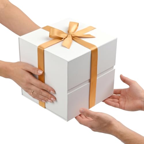 Image of LIFELUM Square Gift Box with Magnetic Lid, Card, Sticker, Ribbon, Shredded Paper Filler for Business, Wedding, Birthdays (White, square - 8.6 inch, 1 count (Pack of 1))