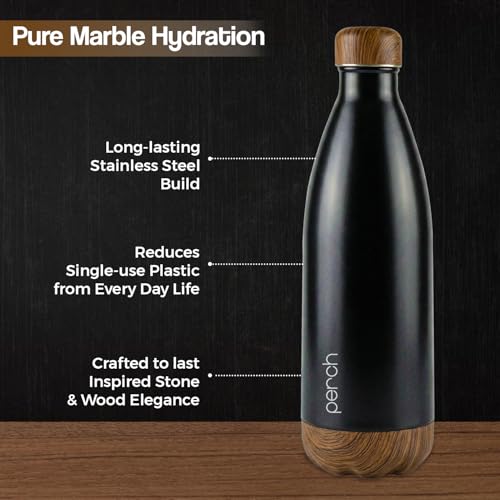 Image of Perch Retro Stainless Steel Water Bottle 980 ml | Hot & Cold Flask | Vacuum Insulated | ISI Certified | Leak Proof | BPA Free | for Office, School, Gym, Home & Travel | Wooden Black | Crafted by Pexpo