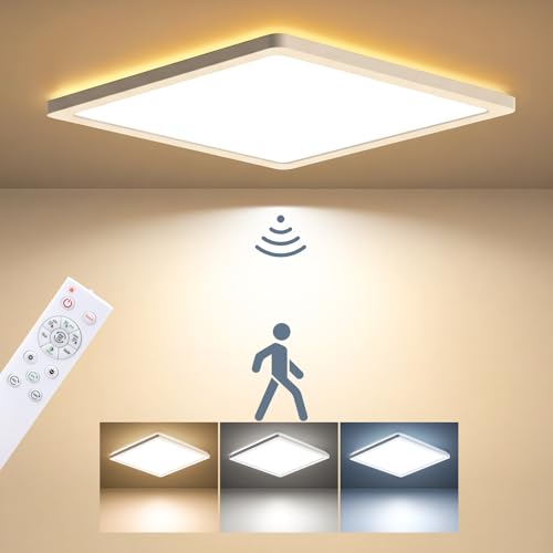 BLNAN LED Oprawa sufitowa z czujnikiem ruchu radarowym, 24W płaska lampa sufitowa z pilotem, panel z czujnikiem ruchu, ciepła neutralna zimna biel do łazienki, korytarza, schodów, toalety, garażu 30cm