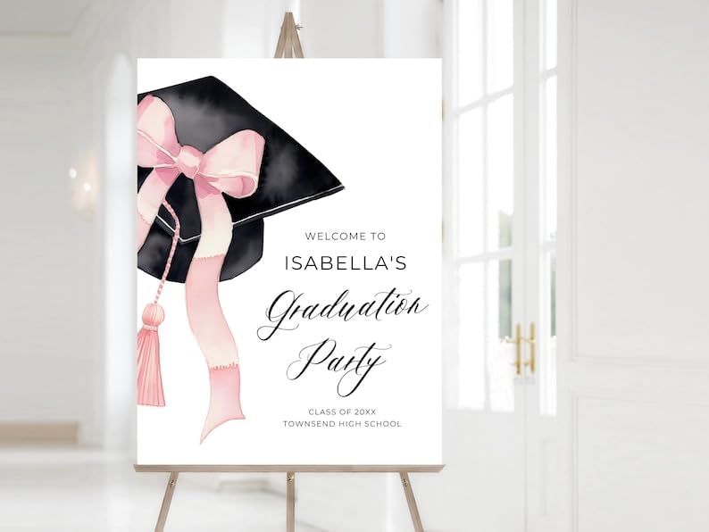 Editable Pink Bow Graduation Sign, Graduation Welcome Sign, Pink Ribbon ...