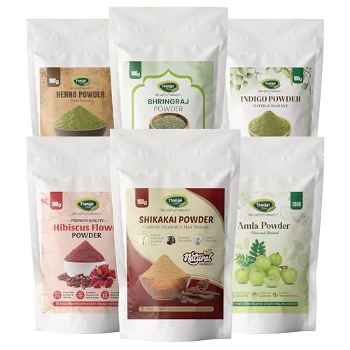 Image of Thanjai Natural Amla, Indigo, Shikakai, Bhringraj, Henna & Hibiscus Powder Combo (100g Each) | Herbal Hair Care Powder Kit | Natural hair Cleanser Conditioner | No Chemicals, No Preservatives