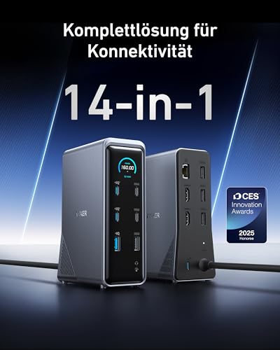 Anker Prime Dockingstation, 14-Port mit 160W Max. Leistung, 10Gbit/s schnelle Datenübertragung, smartes Interface in Echtzeit, Audio und Ethernet Ports, Dual 4K Displays für Dell, MacBook und mehr