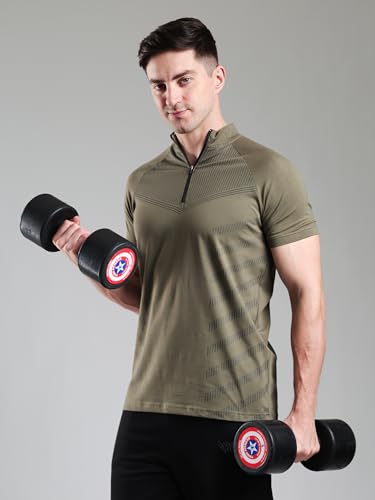Image of GROW Stylish Aeroflex Zip T Shirt for Men Workout | Cotton and Spandex Quarter Zip Back Printed Collar T-Shirts for Men Half Sleeves