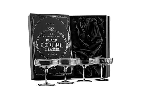 Coupes à Cocktail Art Déco Vintage Noirs | Lot de 4 | 200 ml | Verres Fumés pour Champagne, Martini, Manhattan, Cosmopolitan | Verrerie Soucoupe à pied...