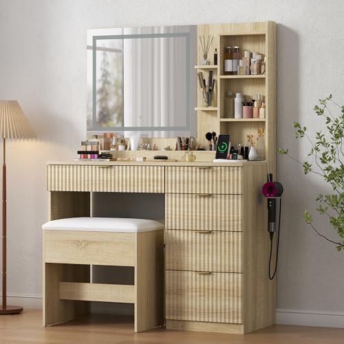 Fluted Vanity Desk with Hidden Storage Stool and Large Mirror,Makeup Vanity Table with 5 Drawers & Charging Station,3 Lighting Modes & Adjustable shelf,Dressing Table for Women Girls Bedroom, Oak