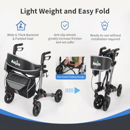 Image of Aojin Rollator Walker for Seniors, Lightweight Foldable All Terrain Rolling Walker with seat, Aluminum Walkers with 8 inch Rubber Wheels (Gray)