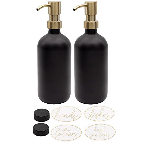Darware 16oz Glass Pump Bottles (Set of 2, Black w/Gold); Soap Dispenser Pump Bottles with Brushed Metal Pump Tops