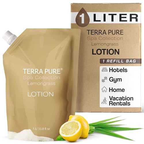 Terra Pure Spa Collection 1 Liter Lotion Refill Bag For Soap Dispensers | Bulk Toiletries for Vacation Rentals and Home Bathroom Showers | Green Tea Lemongrass | Single