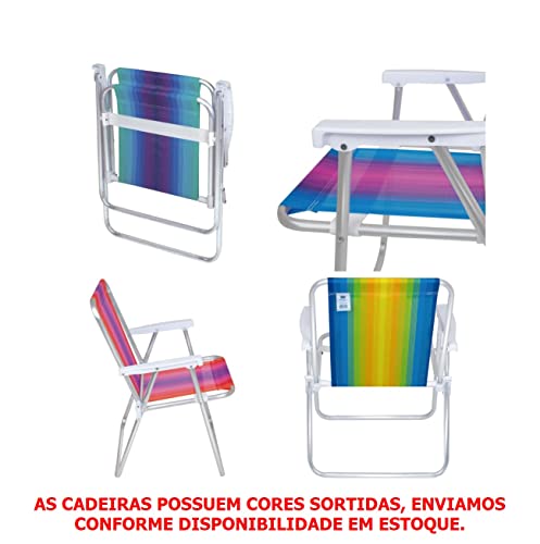 Kit Praia 2 Cadeira Alta Alumínio + Guarda Sol 1,8m + 2 Mesa Portátil + Saca Areia - Mor - Azul Mari