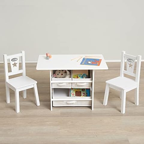 Hooga Personalised Kids Table and Chairs Set, Wooden Kids Furniture Set with Your Chosen Names, White Bedroom Furniture Set for Kids Aged 3+ (Silver Vinyl) Cover