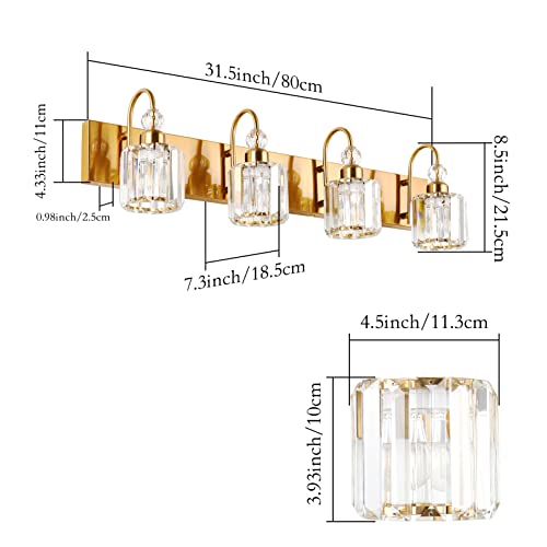 Image of Ralbay Brass Gold Vanity Lights 4-Lights Crystal Bathroom Lighting Fixtures Over Mirror Modern Wall Lighting for Bathroom