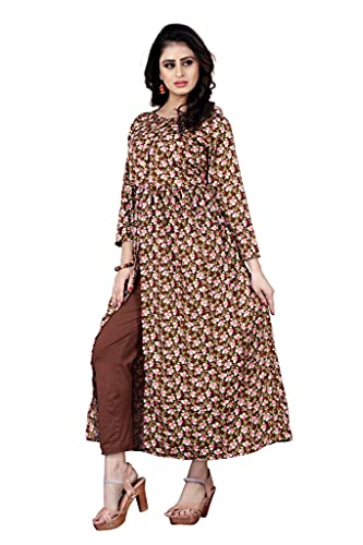 Image of H.E HAMZA ENTERPRISER Printed Crepe Material Brown Western Dress For Women