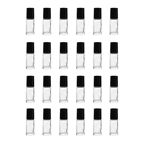 Lot de 24 flacons roller en verre transparent avec boules en verre et bouchons noirs pour huiles essentielles, parfums 5 ml