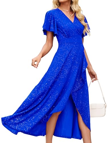 Image of Long Black Formal Dresses for Women Gowns Evening Party Cocktail Dress,Split Elegant V Neck Wrap Ruffle Wedding Guest Dresses