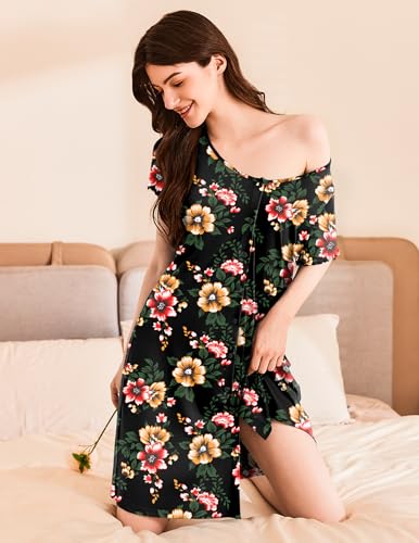 Image of Ekouaer Women's Nightshirt Short Sleeve Button Down Nightgown V-Neck Sleepwear Pajama Dress