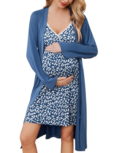 Image of Ekouaer Maternity Nursing Gown and Robe Set Nursing 3 In 1 Labor Delivery Nightgowns for Hospital Breastfeeding Gowns Blue White Jasmine Medium