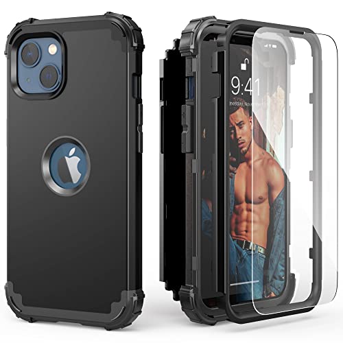 IDweel for iPhone 15 Case with Tempered Glass Screen Protector, 3 in 1 Shockproof Slim Hybrid Heavy Duty Hard PC Cover Soft Silicone Bumper Full Body Case,Black