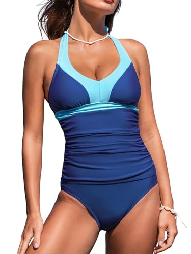 CUPSHE Women's Tankini Sets Halter Neck Self Tie Two Piece Swimsuit Adjustable Strappy Color Block Ruched Swimwear
