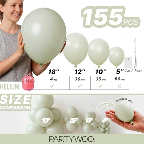 Image of PartyWoo Sage Green Balloons 155pcs Different Sizes of 18 12 10 5 Inch Dusty Boho Green Latex Balloon Arch Kit for Wedding Birthday Dinosaur Jungle Golf Football Theme Party Decorations Green-F32