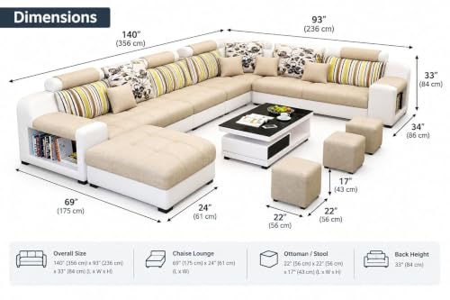 Image of Torque Callister 12 Seater Sofa Set for Living Room (Beige) | Interchangeable U Shape Sectional Sofa | Solid Wood Frame & High-Density Supersoft Foam | Includes Puffy & Stool | Modern Home Furniture