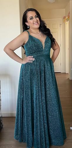 Image of Women's Glittery Spaghetti V-Neck Prom Dresses Long A Line Bridesmaid Dresses Side Split Formal Evening Gowns Champagne, US06