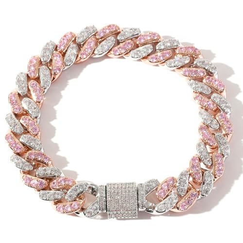 14K Gold 12mm Cuban Link Chain Bracelet with Pink & White Moissanite, Statement Jewelry for Men, Gift for Him