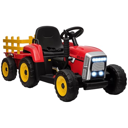 HOMCOM Tractor Eléctrico con Remolque Desmontable Coche Eléctrico para Niños 3-6 Años con Control Remoto Música MP3 Pantalla Luces y Cinturón de Seguridad 136,5x50x52,5 cm Rojo