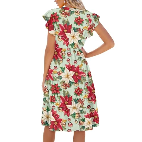 Image of Women's Casual Ruffle Sleeve Dress V Neck Pullover Dress Flowy A-Line Pleated Lightweight Dress with Pockets