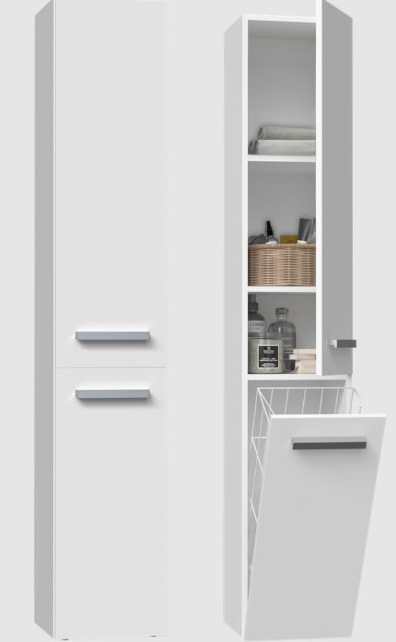 BDW - Armadio da bagno scorrevole - Armadio da bagno alto con cesto portabiancheria 174 x 31 x 30 cm - Lato di apertura della porta selezionabile - Bianco